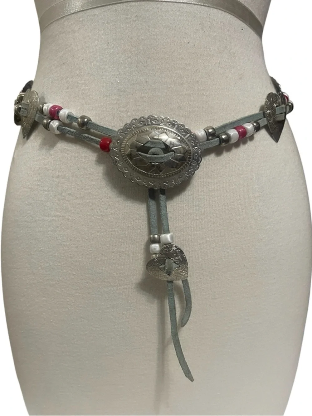 Western Boho Silver Heart & Oval Concho Suede Beaded Waist Chain Belt